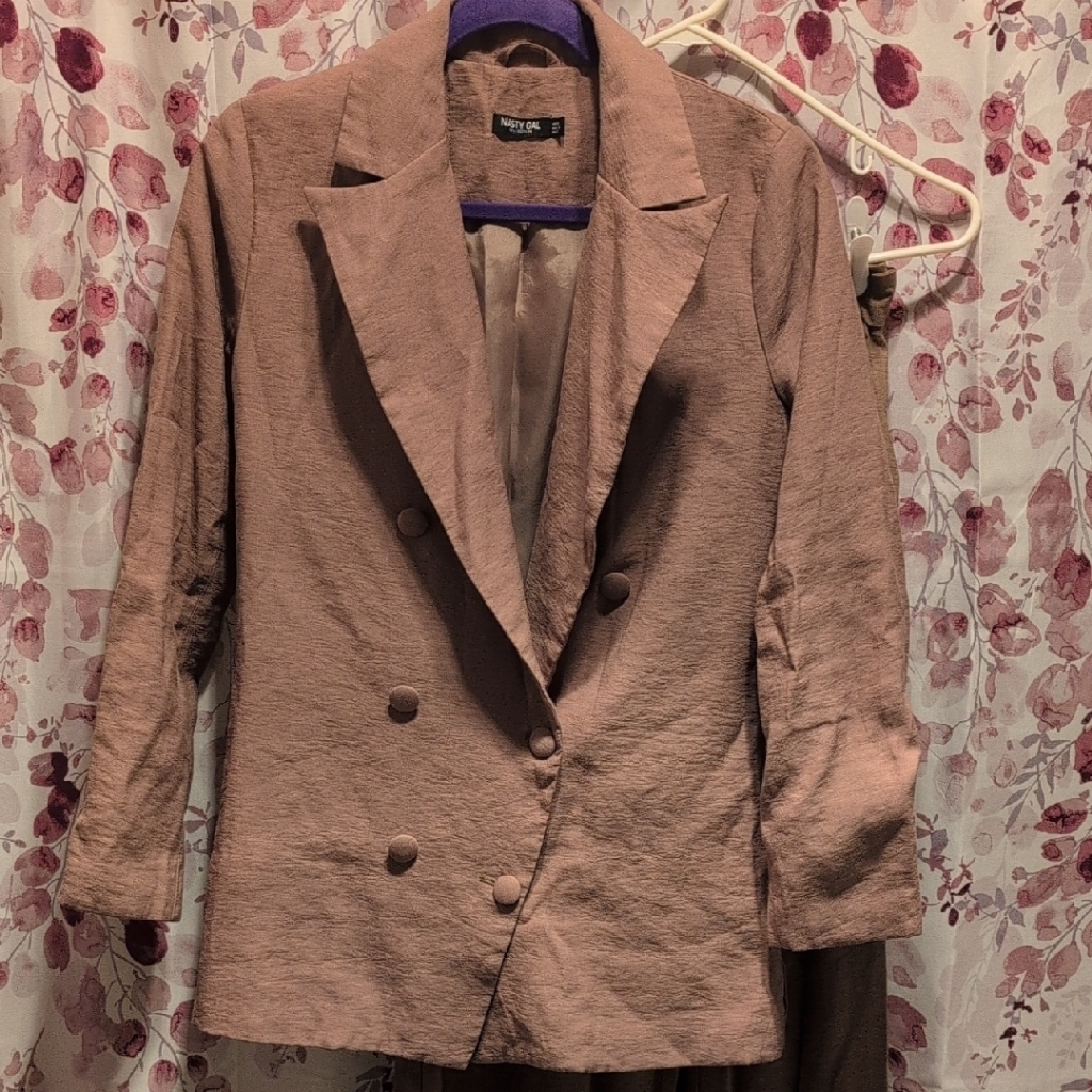 Elegant Mauve Double-Breasted Jacket And Pleated Wide Leg Pants Suit Set